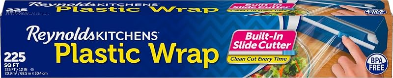 Reynolds Kitchens Clear Plastic Wrap, Built-In Slide Cutter, 225sq ft | Plastic Cling Wrap for Food Storage, Seals in Freshness, Clean Cut Every Time, Ideal For Leftovers, BPA-Free, 12 in x 225 ft