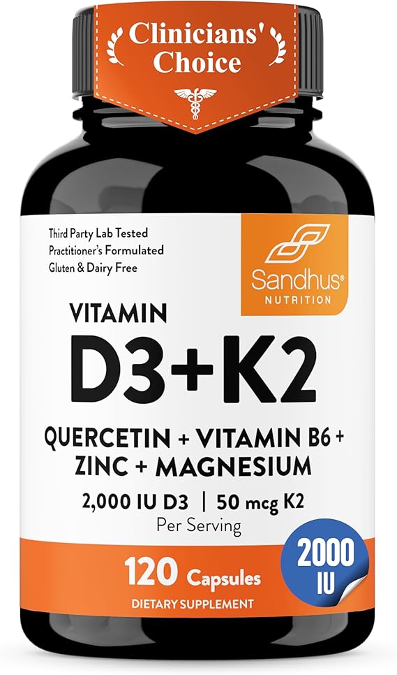 Sandhu's Vitamin D3 K2 Magnesium 2000 IU, 50mcg K2 Capsules 120 Count (Pack of 1) | with VIT B6, Zinc & Quercetin | D3K2 Supports Superior Absorption, Energy, Immune, Muscle Health for Men & Women