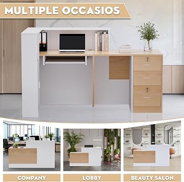L-Shaped Large Wooden Reception Desk, Modern Front Desk Reception Counter with Lockable Drawers & Storage & Keyboard Tray, for Checkout, Lobby (Right-Natural Wood/White, 71''L x 42''W x 41''H)