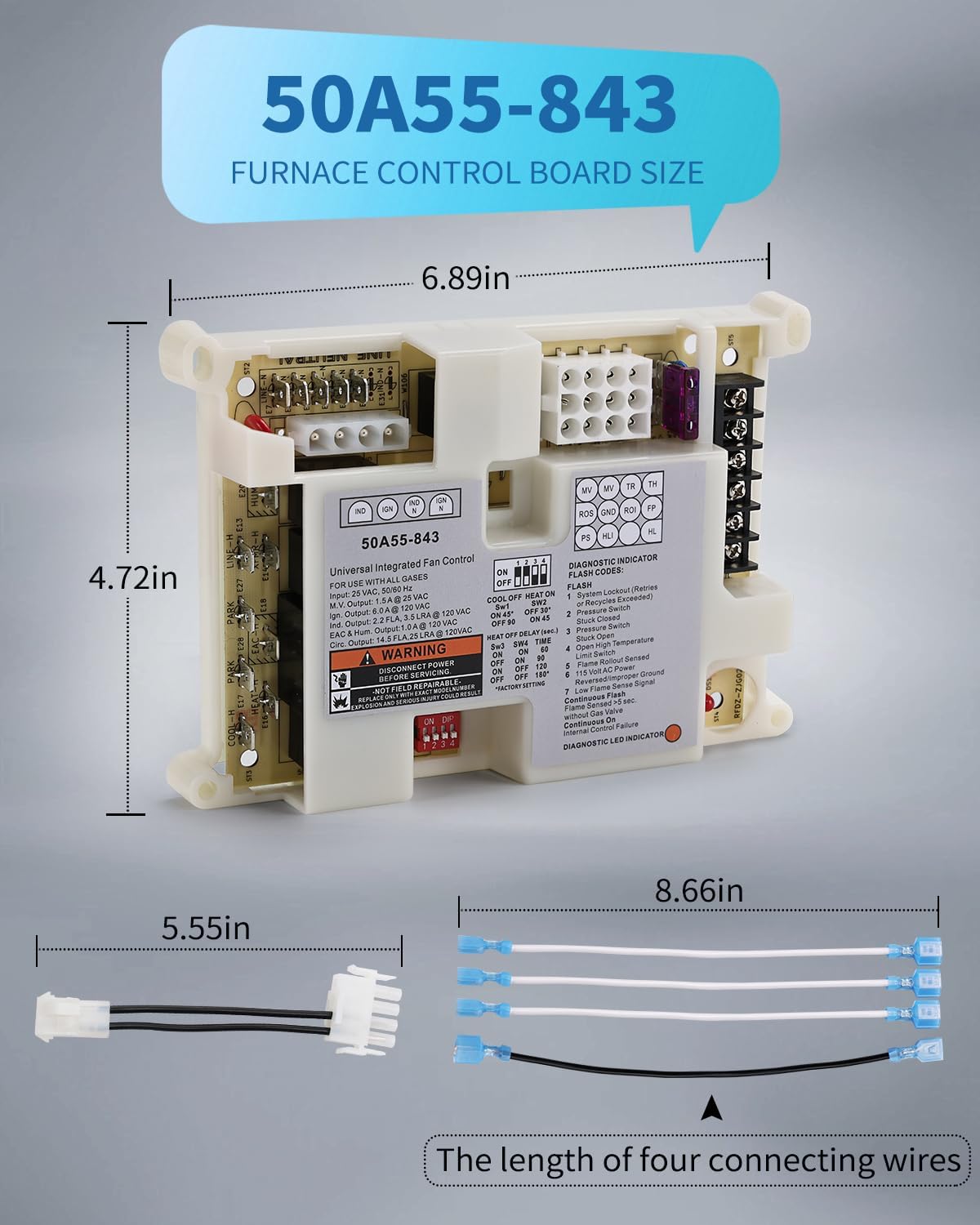 50A55-843 Furnace Control Board, White Rodgers Original Replacement Control Board, 5-Year Warranty（NOT fit 50A50-474 ）