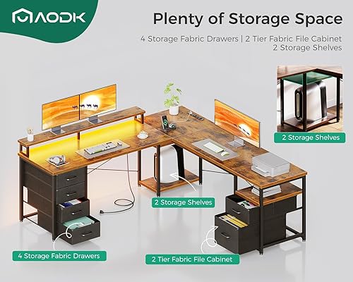 Miniatura 3 de AODK 66" L Shaped Computer Desk, 113“ Reversible Home Office Desk with File Cabinet & 4 Fabric Drawers, Two Person Desk with LED Lights & Power