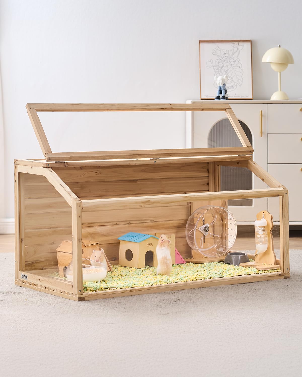 VEVOR Dwarf Hamster Cage, 48 x 20 x 20in, Wooden & Acrylic, Top Access, Indoor, Beige, Small Animal Cage