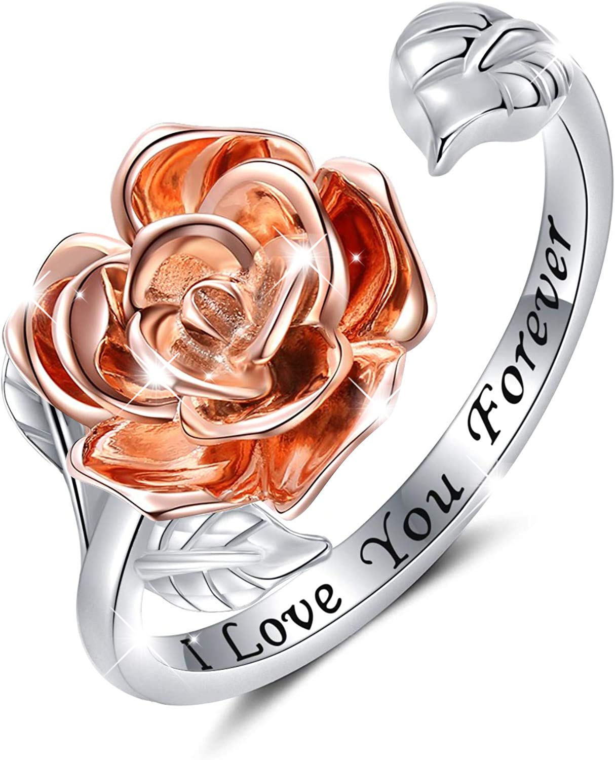 Women Rose Ring 925 Sterling Silver Flower Rings Adjustable Open Love Heart Promise Ring Gift for Beauty Teen Girl (from 5.5 to 9)