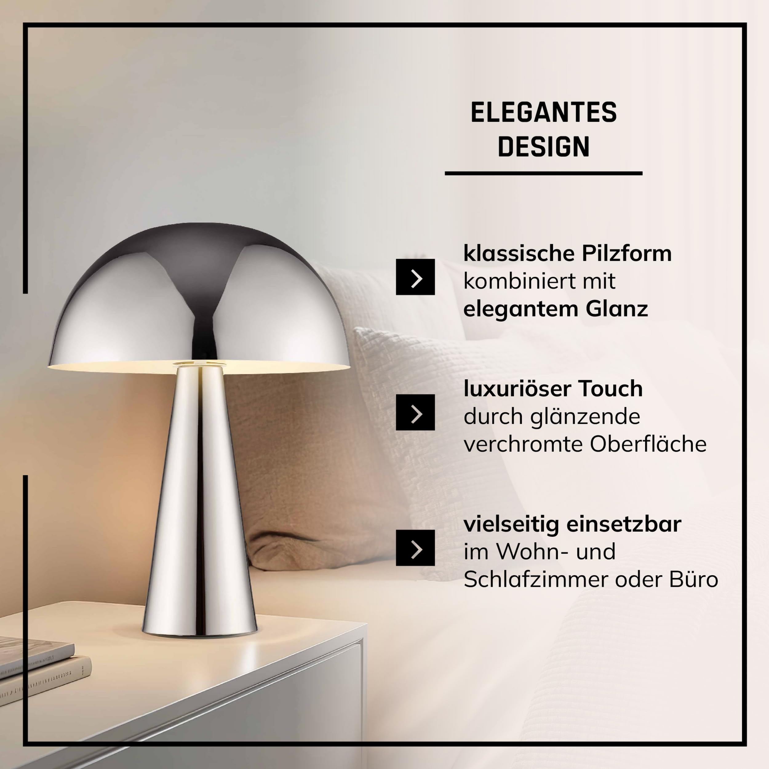 Lightbox Pilz Tischleuchte, Ø 25 cm, Höhe 33 cm, geeignet für LED, E14-Fassung, Metall, chromfarben, Schalter am Kabel, moderne Glamour-Leuchte für Wohnzimmer, Schlafzimmer oder Sideboard