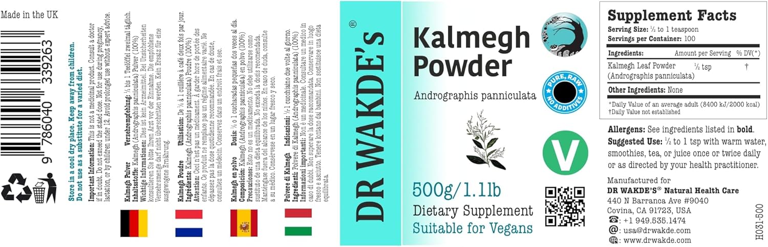 DR WAKDE'S Kalmegh Powder (Andrographis panniculata) - 500g (1.1lb) | Pure, Raw & Dried Powder | Natural Aroma and Freshness | Fine Powder | Vegan | Premium Grade | Nothing Added, Nothing Removed