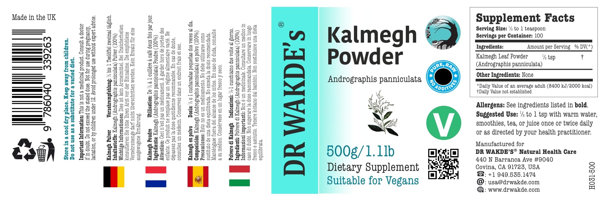 DR WAKDE'S Kalmegh Pulver (Andrographis panniculata) - 500 g (1.1lb) | Rein, Raw & Getrocknetes Pulver | Ayurveda-Kräuter | Vegan | Nichts hinzugefügt, nichts entfernt | Am selben Tag Versand