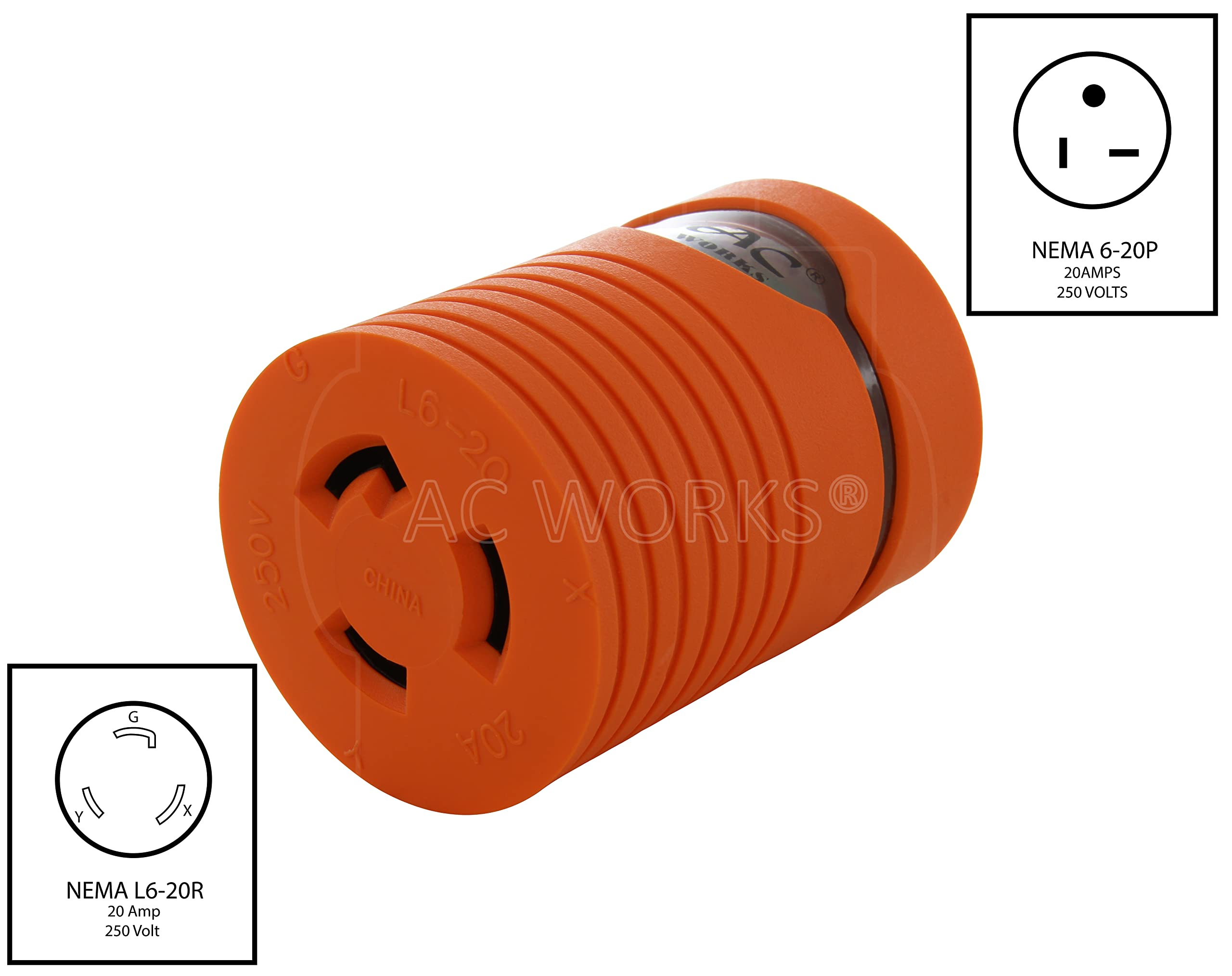 AC WORKS [AD620L620] Locking Adapter NEMA 6-20P 20Amp 250Volt Male