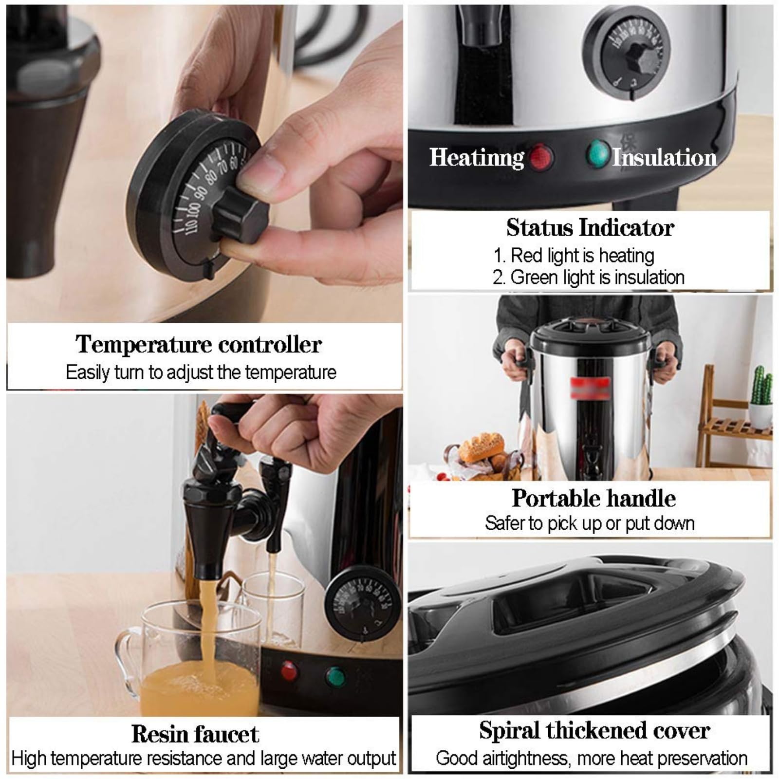 Hervidor de café Comercial para Grupos Grandes, Termo eléctrico para Agua Caliente, Acero Inoxidable de Doble Pared, dispensador/Servidor de Bebidas Aislado en Color Negro (Red 10L)