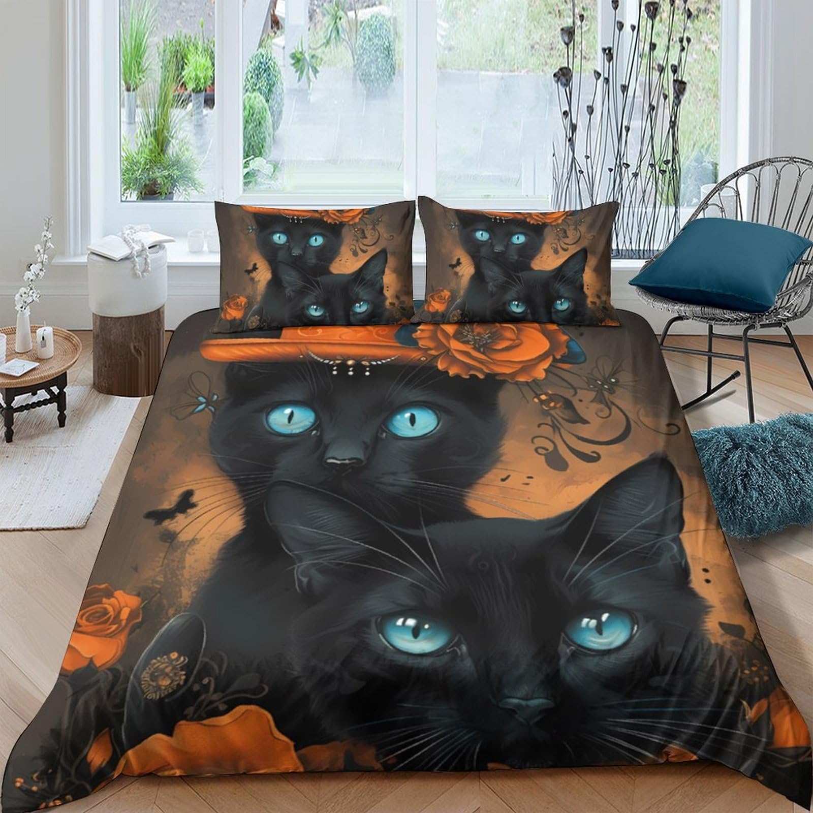 Ctjqhvkz Style-10 3D Printed Black Cat Pumpkin Fitted Sheet Microfiber Orange Halloween Bed Cover For Bedroom Guest Room Decor Single（135X200cm）