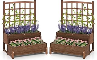 Giantex 2 Pcs Raised Garden Bed with Legs and Trellis, 2-Tier Standing Planter Box with Drain Holes, Outdoor Elevated Garden Trellis for Vine Climbing, Flower Vegetable Fruit Herb Growing