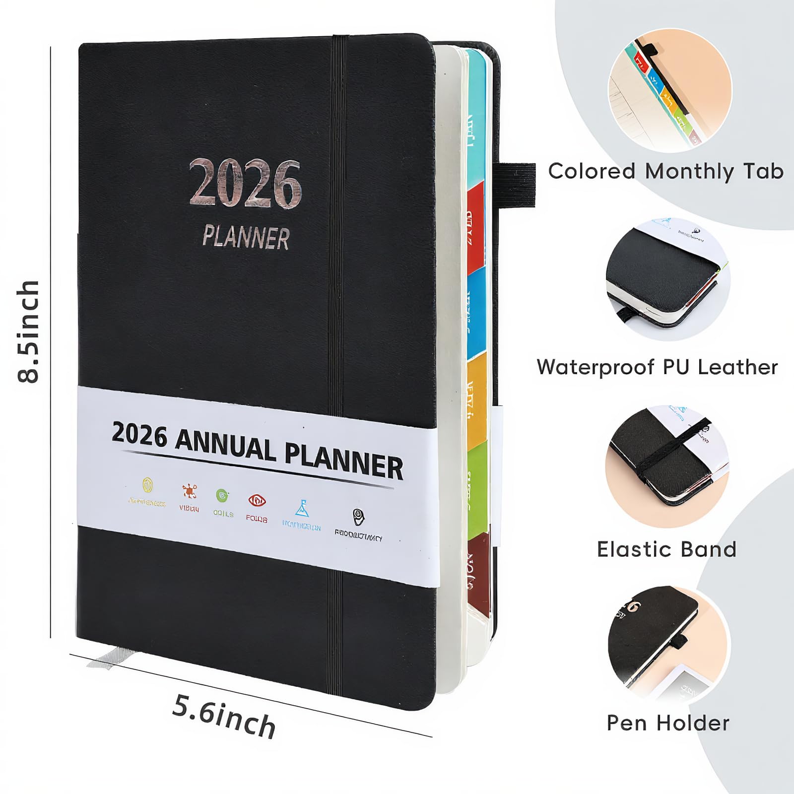 2026 całoroczny kalendarz A5 (14,2 cm x 21,5 cm), planer kalendarza: zakładki miesięczne/tygodniowe/dzienne z kontaktami i świętami, okładka ze skóry PU i papier 100 g/m², organizer na przybory