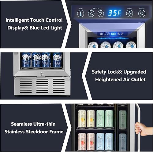 Miniatura 6 de Refrigerador de bebidas de 15 pulgadas, enfriador de bebidas debajo de la encimera, refrigerador silencioso de bebidas de 126 latas con puerta de