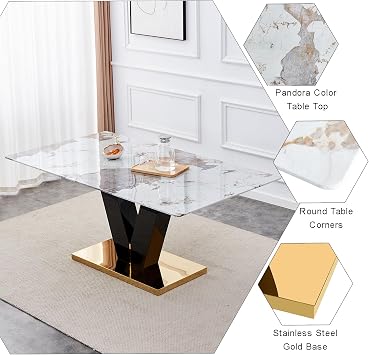 Glass Dining Table for 6-8,Modern Dining Room Table with 0.4'' Thick Tempered Glass Table Top and Stainless Steel Base,Gold Kitchen Table Ideal for Living Room Home Office
