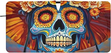 Windshield Sun Shade Sugar Skull Hat Flowers Car Sun Shade for Front Windshield Foldable Sunshades Sun Visor Protector Blocks UV Rays for Car Truck SUV