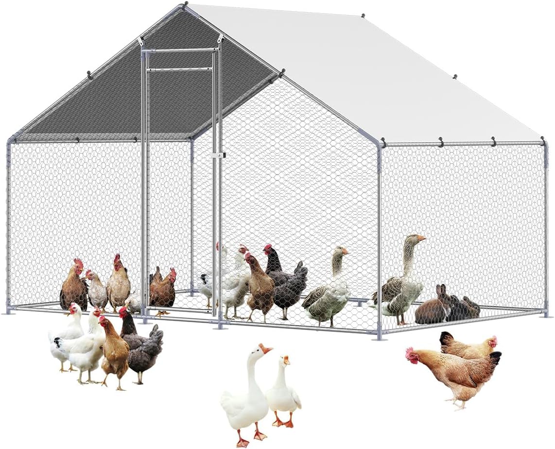 VEVOR Large Metal Chicken Coop with Run, Walkin Chicken Coop for Yard with Waterproof Cover, 6.5 x 9.8 x 6.5 ft, Spire Roof Large Poultry Cage for Hen House, Duck Coop and Rabbit Run