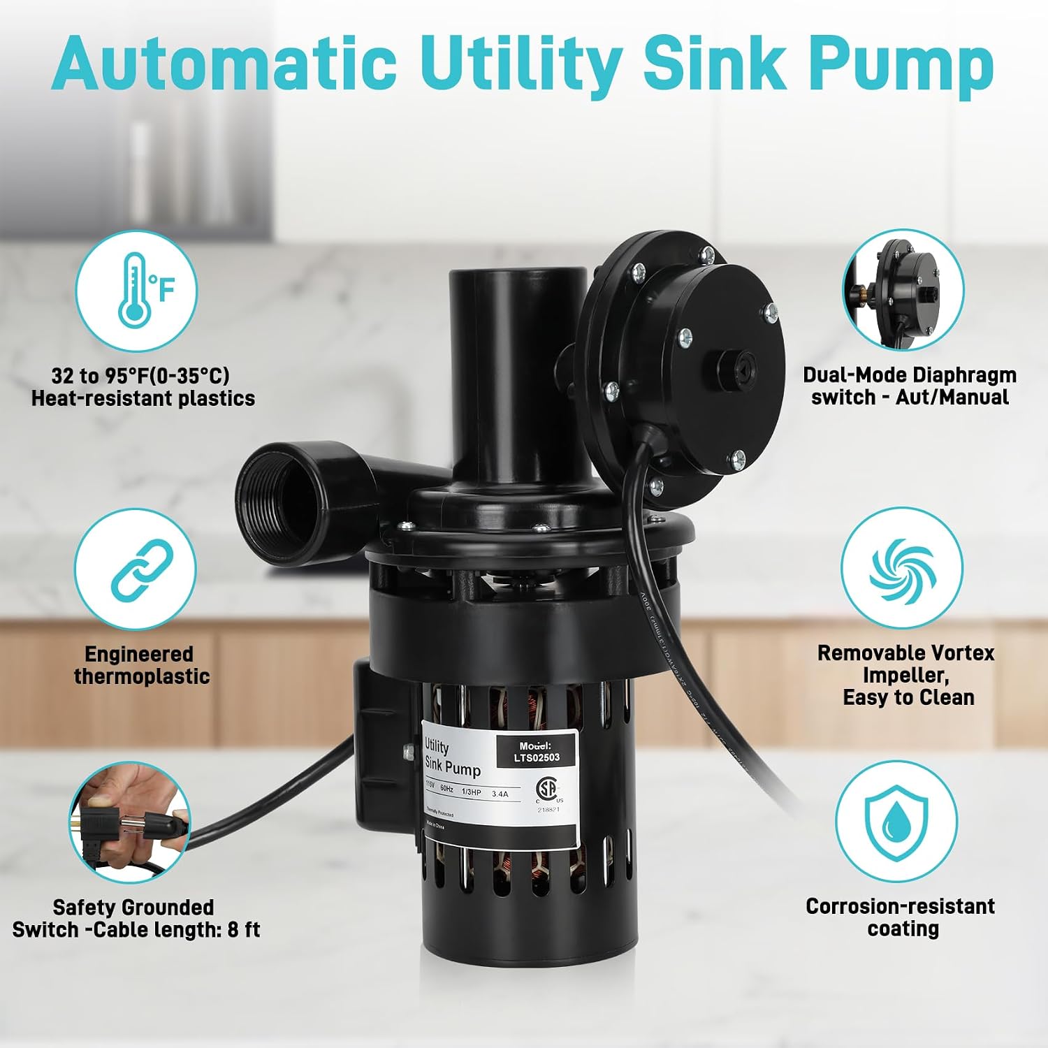 Automatic Utility Sink Pump with Filter Valve, 1/3 HP Gravity-free Drainage Pump 115V 22 GPM with Check & Ball Valves and Drain Screen, for Basement, Wet Bar, Kitchen and Bathroom