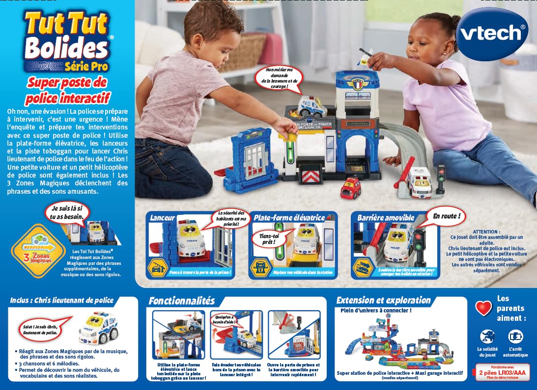 VTech - Tut Tut Bolides Série Pro, Super Poste de Police Interactif avec Voiture Chris Lieutenant de Police, Circuit Voitures, 3 Zones Magiques, Cadeau Enfant de 2 Ans à 6 Ans - Contenu en Français