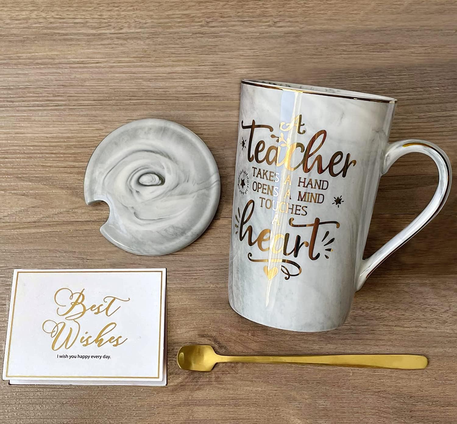 Doublewhale Teacher Gifts for Women Men Best Teacher Birthday Gifts for Female Male Thank You Teacher's Day Profosser Mentor Gift 14oz Marble Coffee Mug with Gold Print Spoon Lid Card Gift Box - Image 5