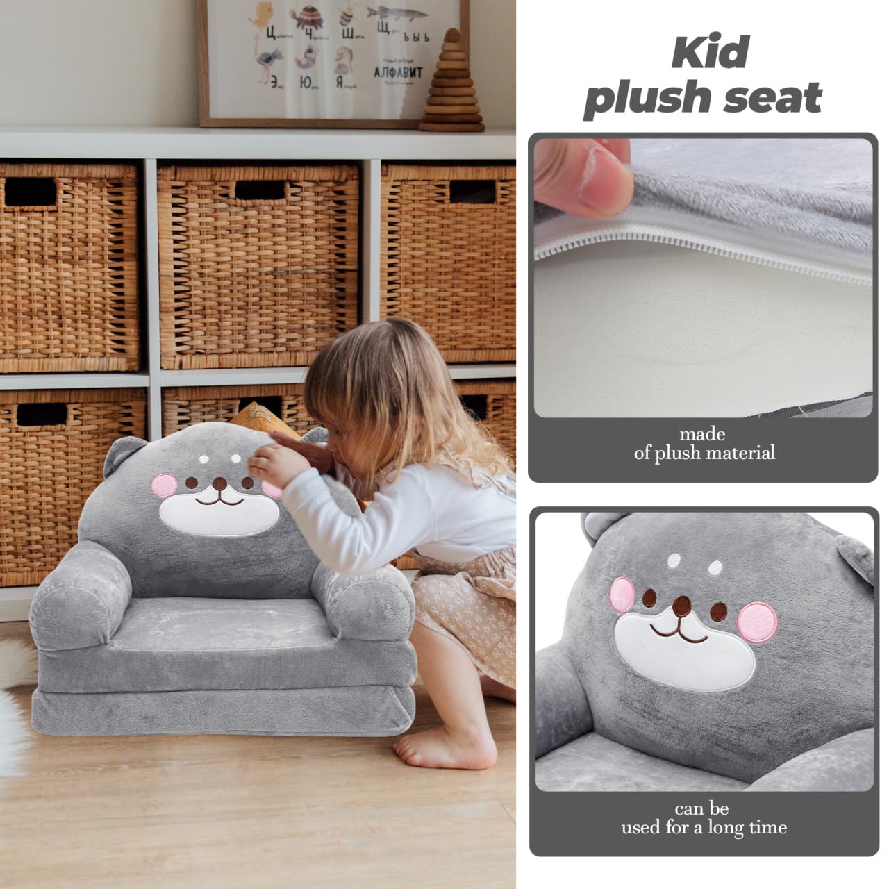 Hemobllo Sofá Cama Infantil 2 en 1 Plegable, 90x50 cm, Felpa Gris Oso, Funda Lavable, Convertible Sillón-Tumbona para Dormitorio, Guardería, Regalo Niños 1-4 Años