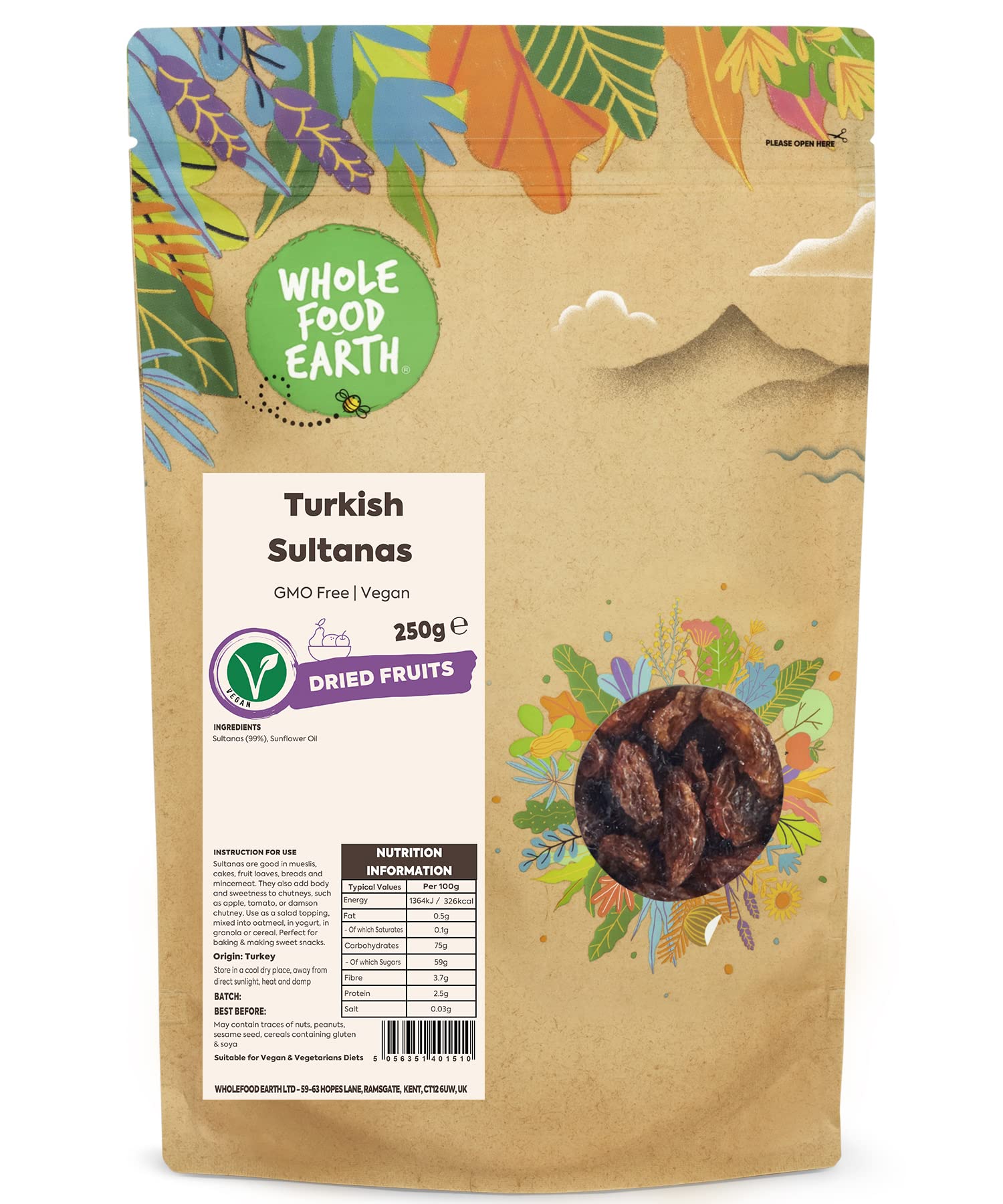 Wholefood EarthTurkish Sultanas 250 g | GMO Free |
