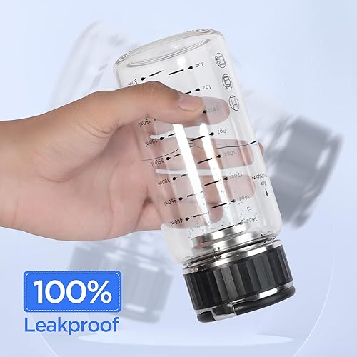 Miniatura 3 de Paquete de 2 botellas agitadoras de vidrio de 16 onzas  16.9 fl oz con asa de tapa, botella de agua de vidrio, botella de boca ancha, marcas de