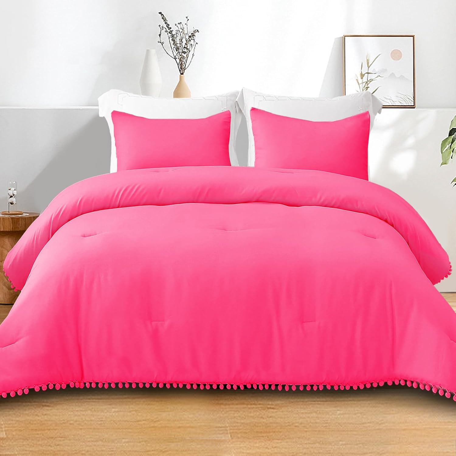 exclusivo mezcla boho pom pom ball fringe queen comforter set, 3 piece hot pink lightweight down alternative bedding comforter sets for all seasons hot pink queen (90"x90")