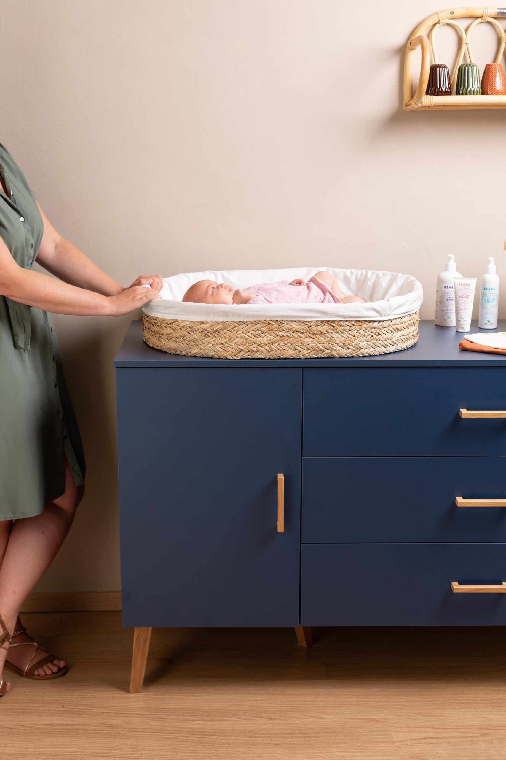 CHILDHOME, Panier à langer bébé jonc de mer, Matelas à langer, Table à langer, Housse 100% Coton incluse, Tissus certifiés Oekotex, Bohème, 0-12 mois, Confortable, Lavable