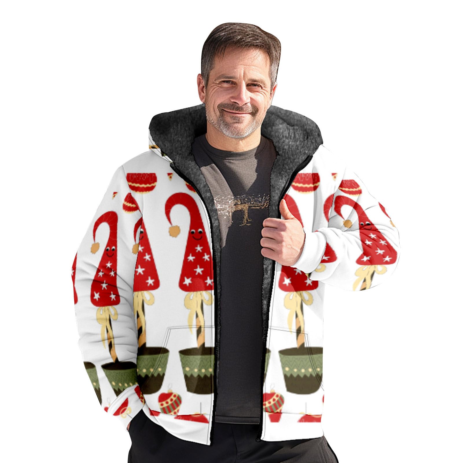 Mens Autumn And Winter Christmas Printing Plus Velvet Fleece Hoodie Hooded Thick Coat Jacket Tops Mens plus Size Ski