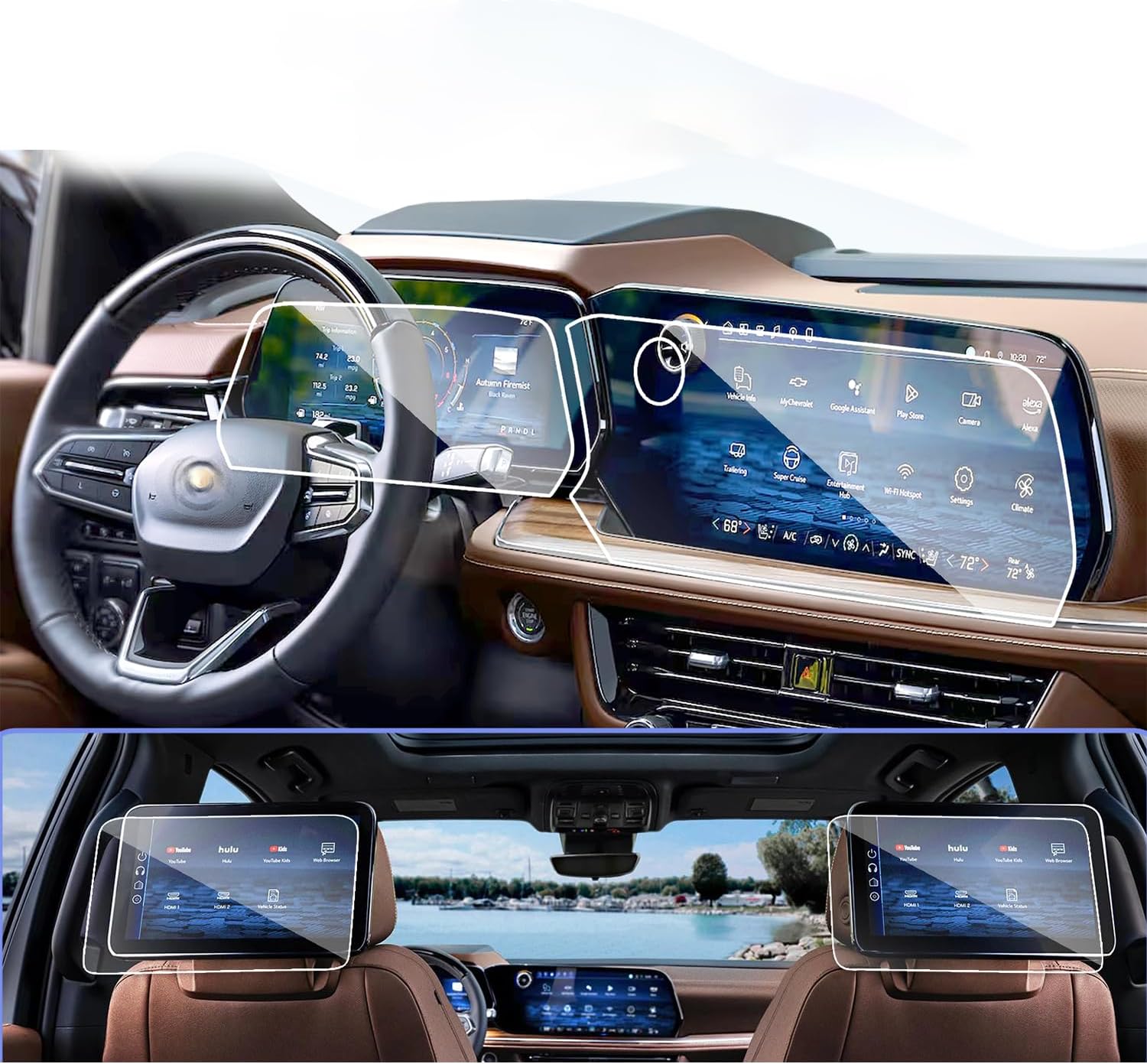 4PCS 2025 Tahoe Suburban Screen Protector 2025 Tahoe Accessories 2025 Suburban & Tahoe [17.7" Navigation + 11" Dash + 12.6" Rear Media] Tempered Glass Screen Protector 2025 Suburban 3-In-1