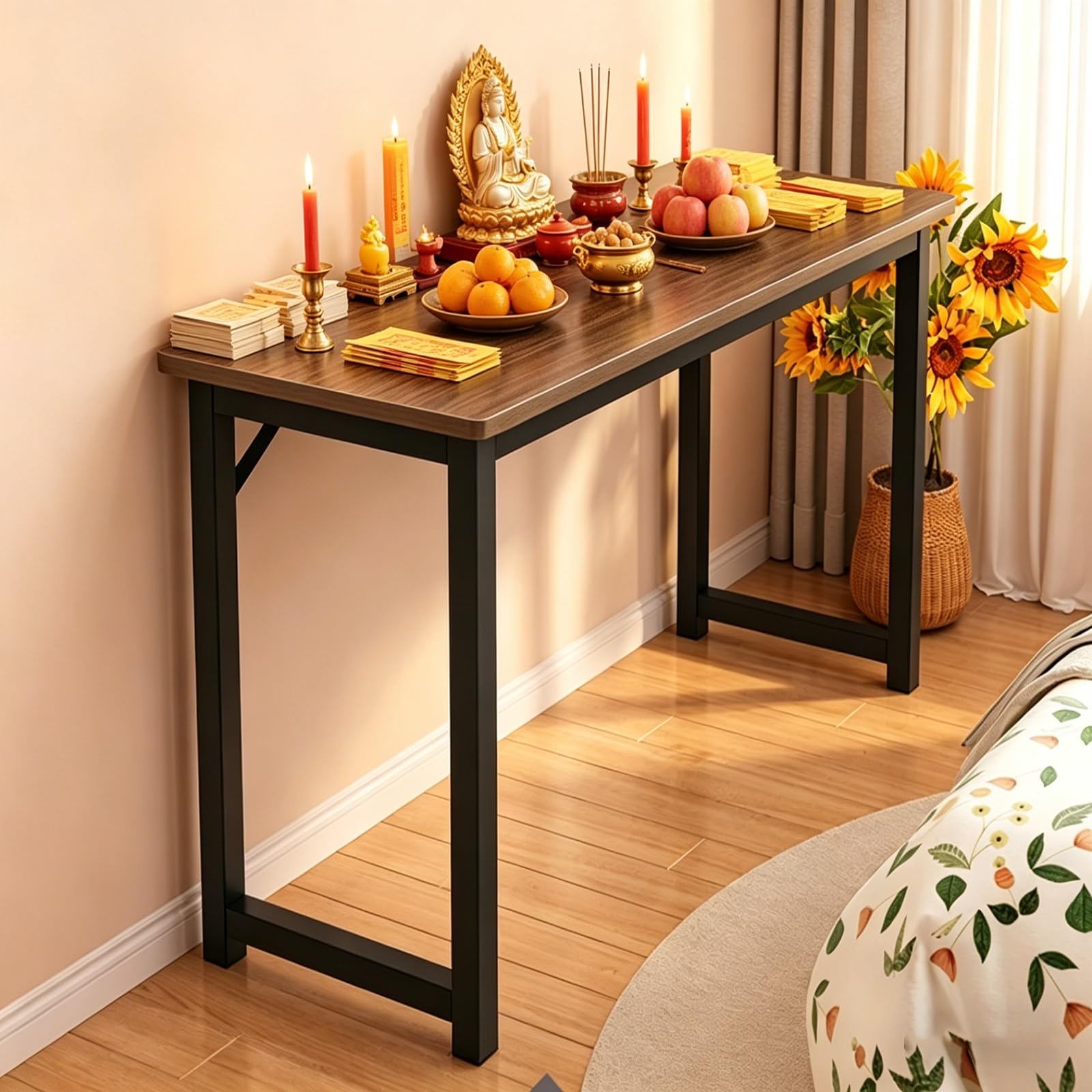 JNTFNE Prayer Meditation Table, Shrine Stand with Storage, Layered Buddha Altar Offering Pooja Metal Frame, for Living Room Bedroom Office, Temple(Brown 1,80cm/31.5in)