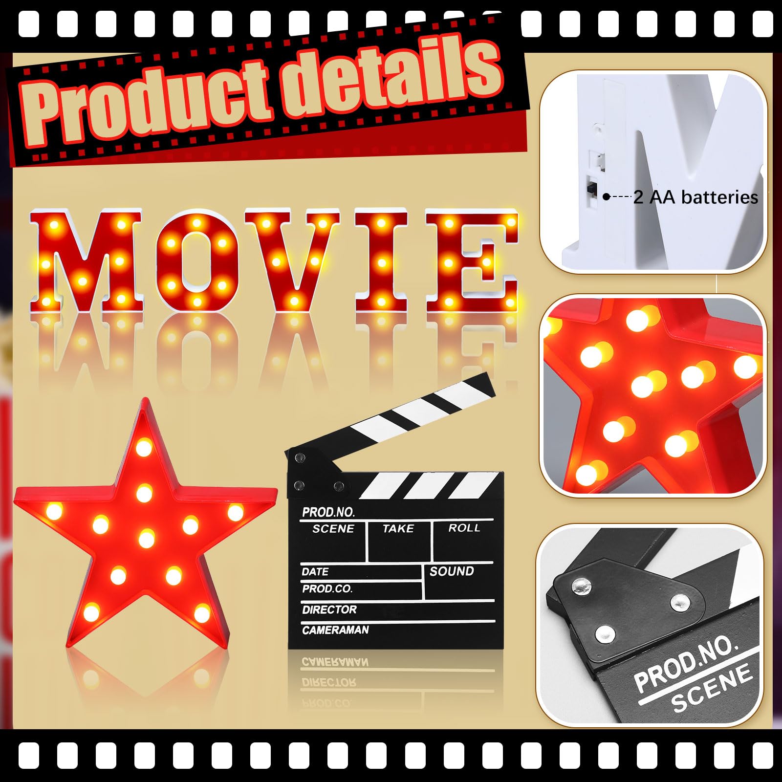 Aurelema 7 lettere luminose a LED con luci cinematografiche, decorazioni per feste serali e cinema, includono lettere cinematografiche applausi e marquee segno zodiacale per cinema e feste notturne