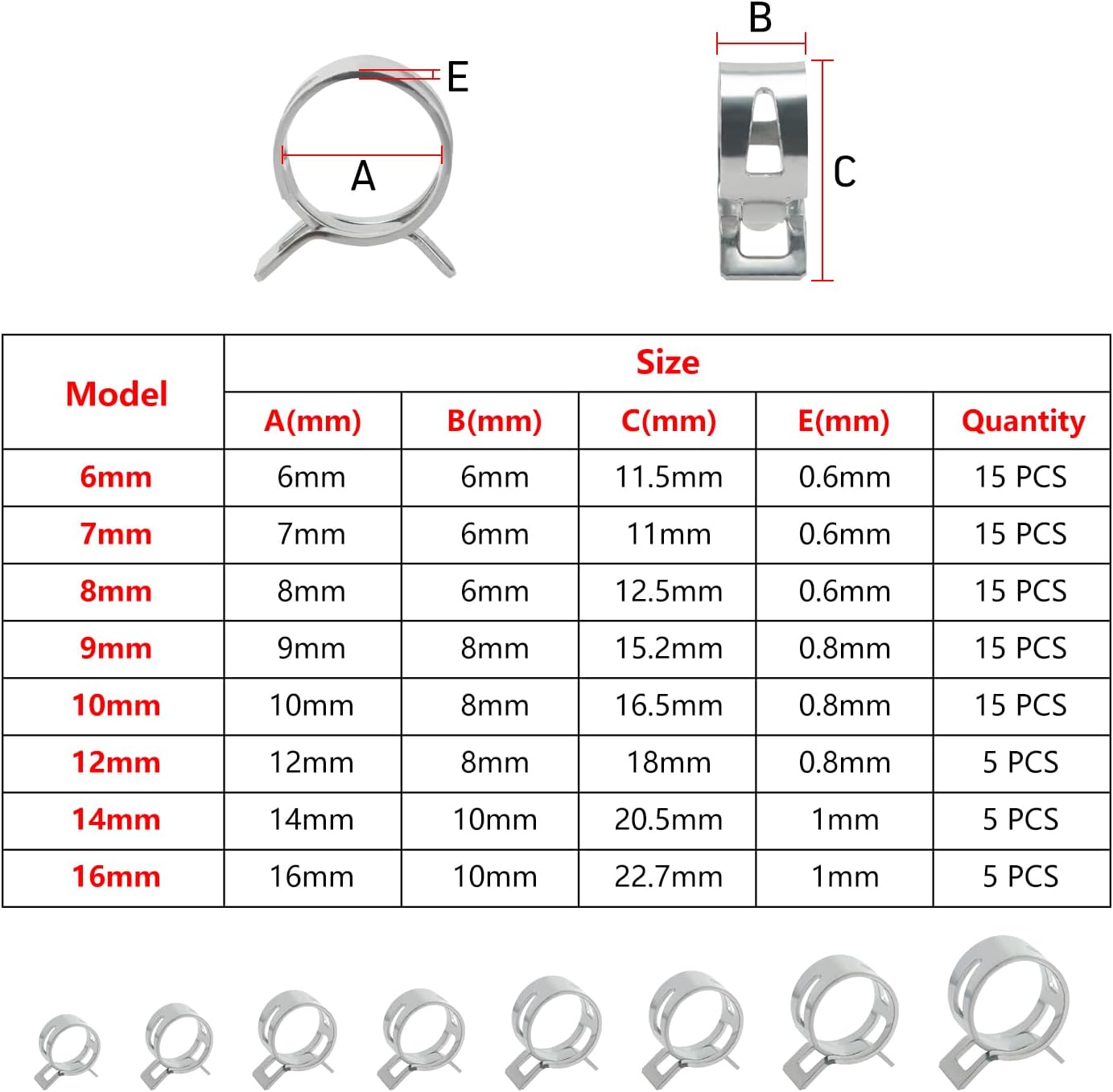 90 pieces 6/7/8/9/10/12/14/16 mm fuel line hose clamps, hose spring clamp, petrol hose clamps, water pipe, air hose, silicone hose clamp, vacuum