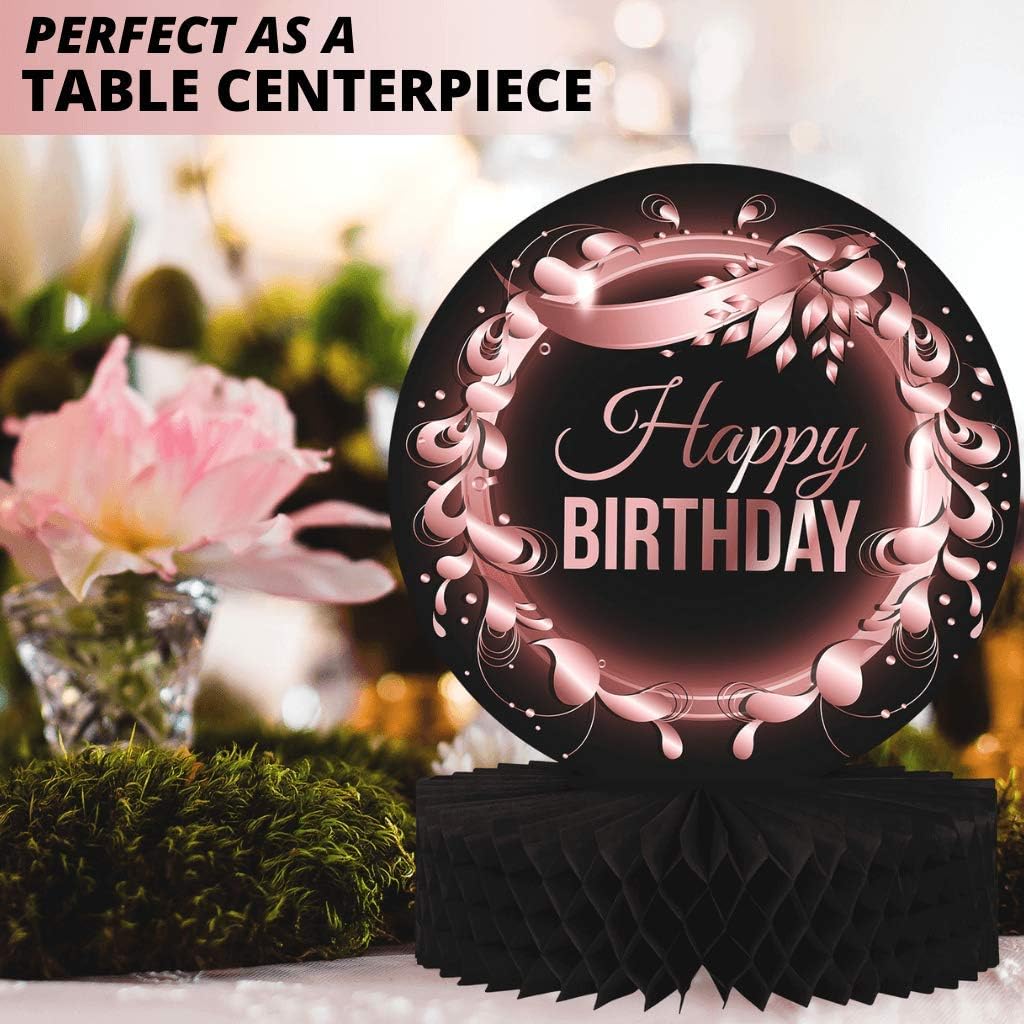 Happy Birthday Table Decorations Centerpieces - 4-Pack Double Sided Happy Birthday Centerpieces for Tables - 12” Black and Rose Gold Birthday Party Decorations Centerpieces