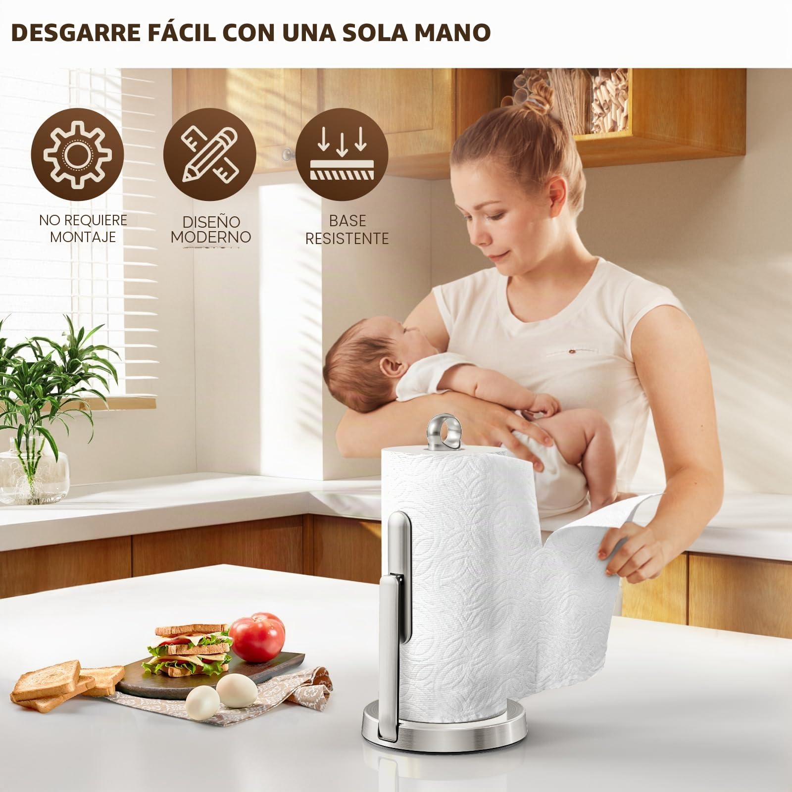 theaoo Soporte para Toallas de Papel de Acero Inoxidable Resistente con Brazo de tensión, fácil de rasgar con una Sola Mano, dispensador Moderno de encimera para Cocina, sostiene Todos los Rollos de