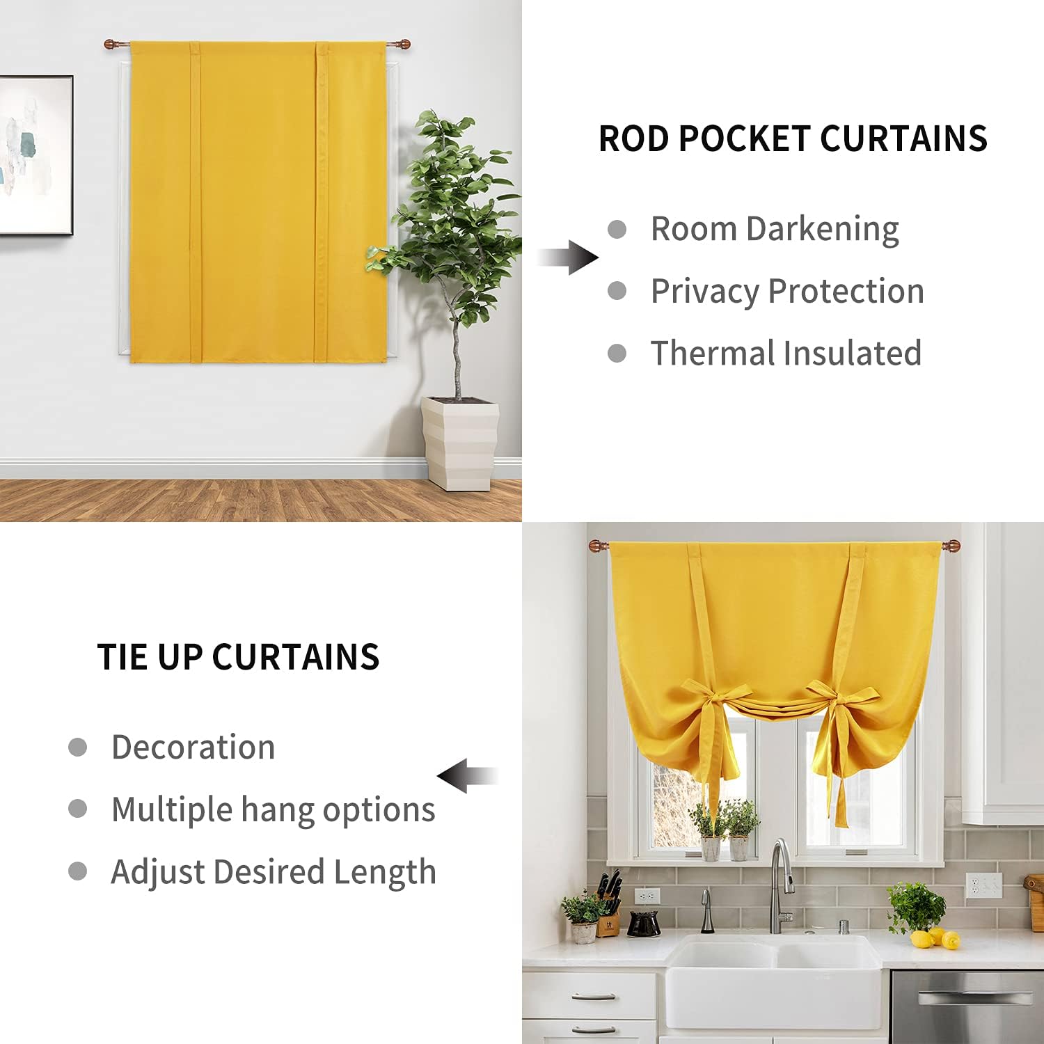 DWCN Tie Up Curtain-Thermal Insulated Room Darkening Blackout Curtains for Livingroom, Bedroom and Dining Room, Yellow, W42 X L45 Inches, 1 Rod Pocket Panel