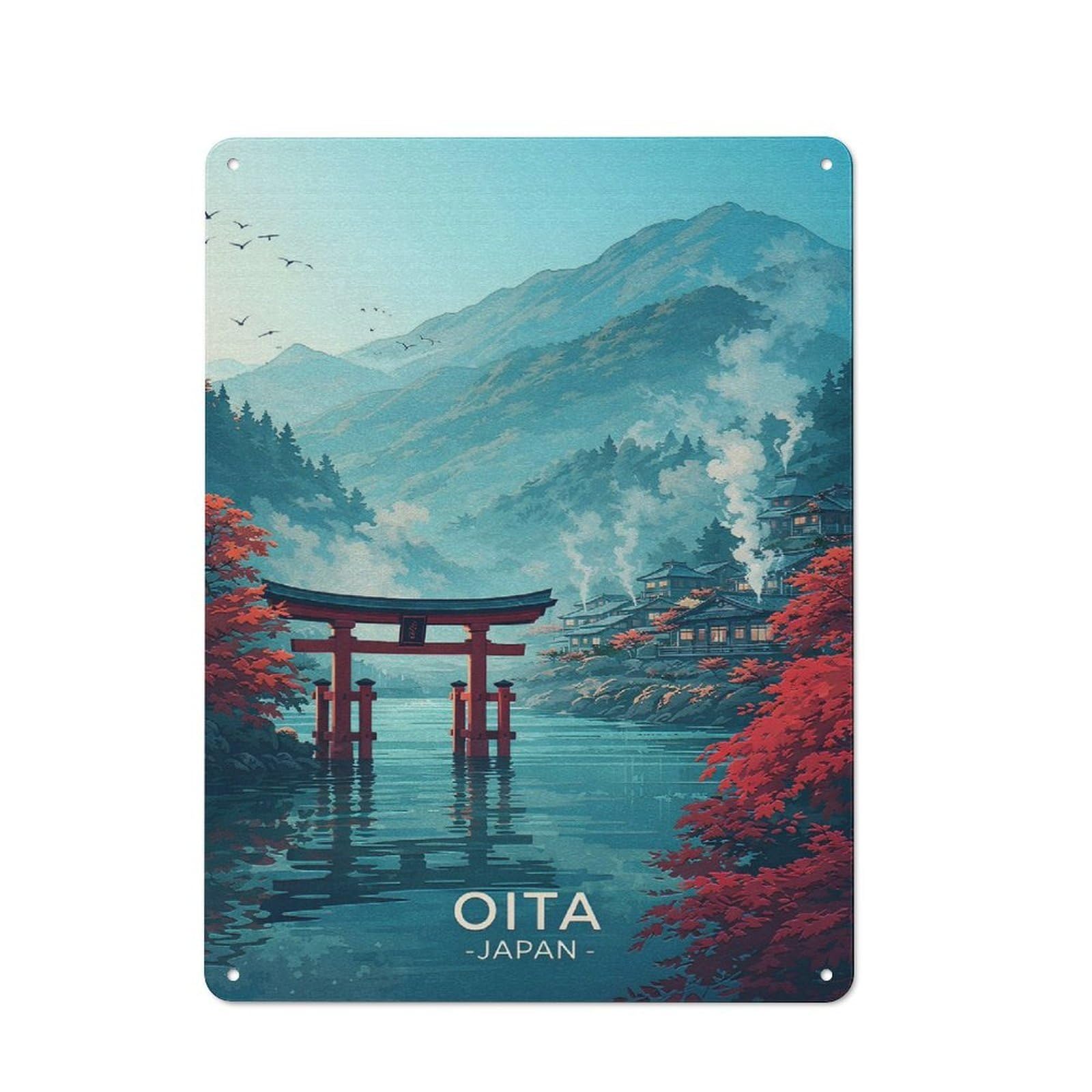Country Style Oita Japan Torii Gate Landscape Decorative Metal Sign 40x30cm, Bistro Wall Plaque for Restaurant, Kitchen, Counter Or Breakfast Nook