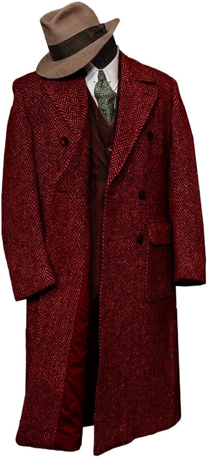 Men's Wool Blend Herringbone Tweed Overcoat Pea Coat Slim Fit Double Breasted Peak Lapel Trench Coat Jacket