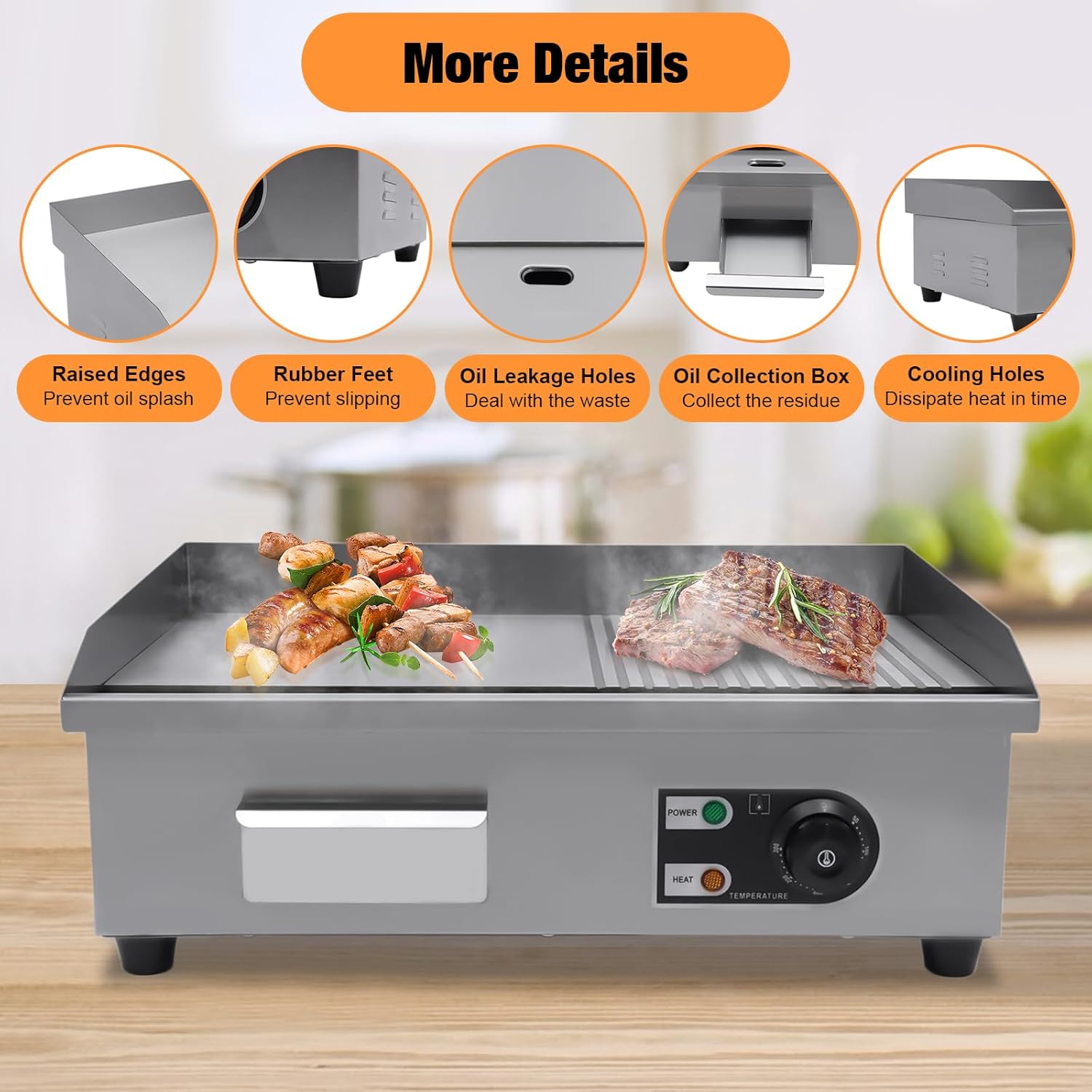 Stainless Steel Countertop Grill for Home and Commercial Use - 1600W Electric Griddle with Adjustable Temperature, Flat and Fluted Sections