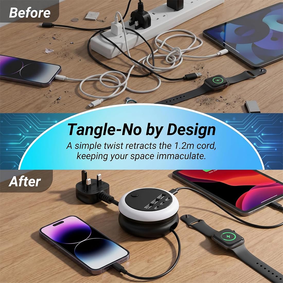 Ultimate 7-in-1 Versenkbare USB Ladestation mit 8-Farben Stimmungslicht, 3 USB + 3 Type-C Steckdosen-Erweiterung, Tragbarer Power Hub für iPhone, Android, iPad & Switch, Reise-Essentials (Black)