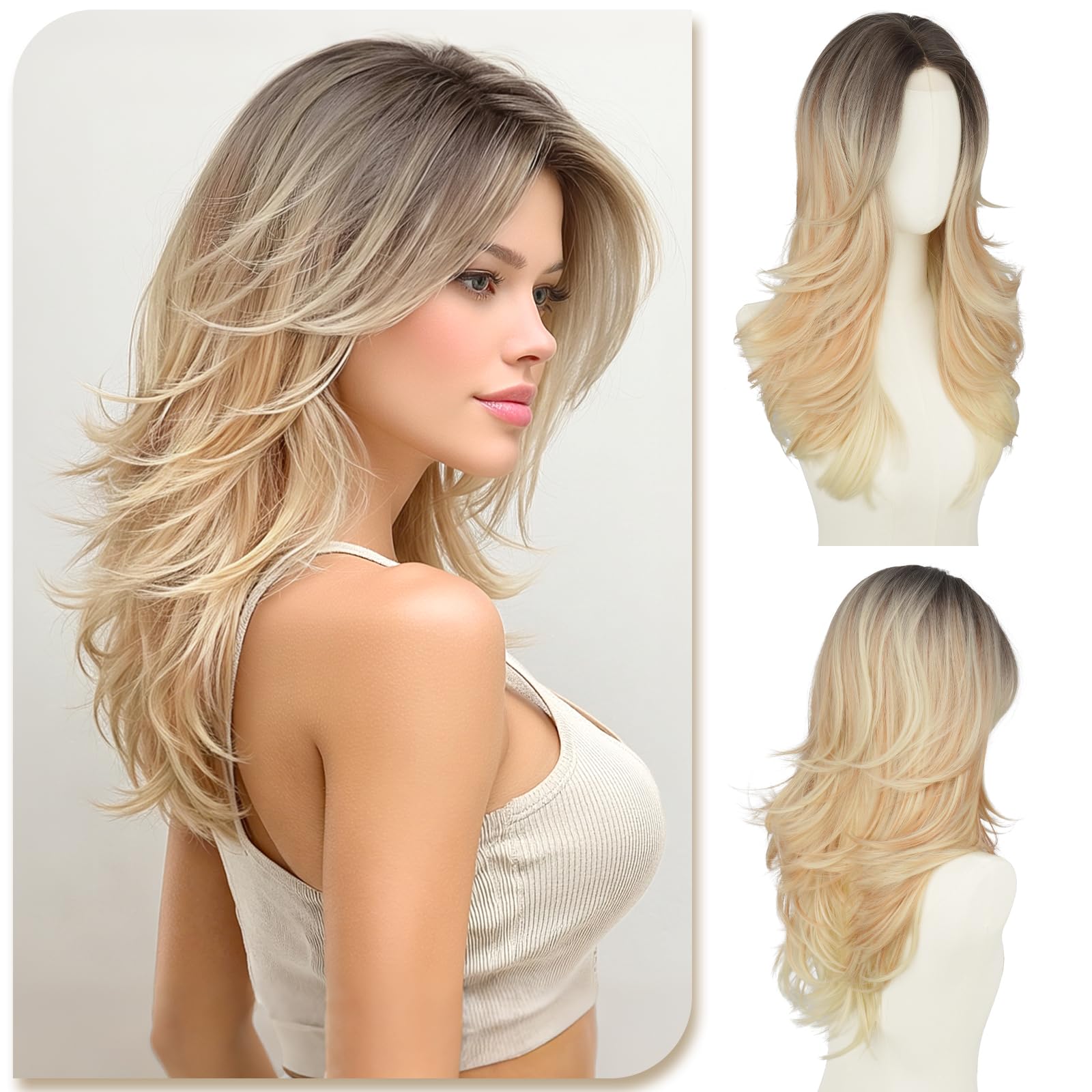 Sofeiyan Perücke Damen,55 cm Layered Perücke mit Vorhang Pony