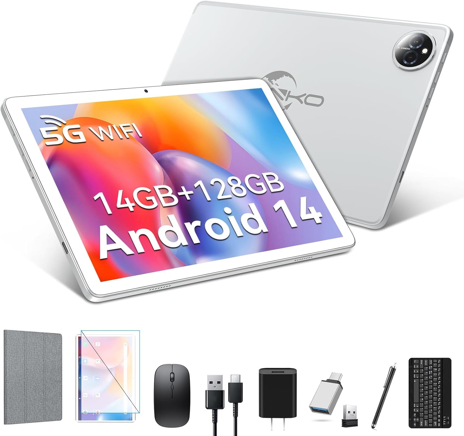2025 Latest Android 14 Tablet 10 inch with 128GB Rom+14GB Ram+2TB Expand, 4G Cellular Tablets with Dual Sim Slot, 2 in 1 Tablet with Case/Keyboard/Mouse, 5G&2.4G Wifi, Octa-Core GPS 8000mAh (Silver) 2025 Latest Android 14 Tablet 10 inch with 128GB Rom+14GB Ram+2TB Expand, 4G Cellular Tablets with Dual Sim Slot, 2 in 1 Tablet with Case/Keyboard/Mouse, 5G&2.4G Wifi, Octa-Core GPS 8000mAh (Silver)