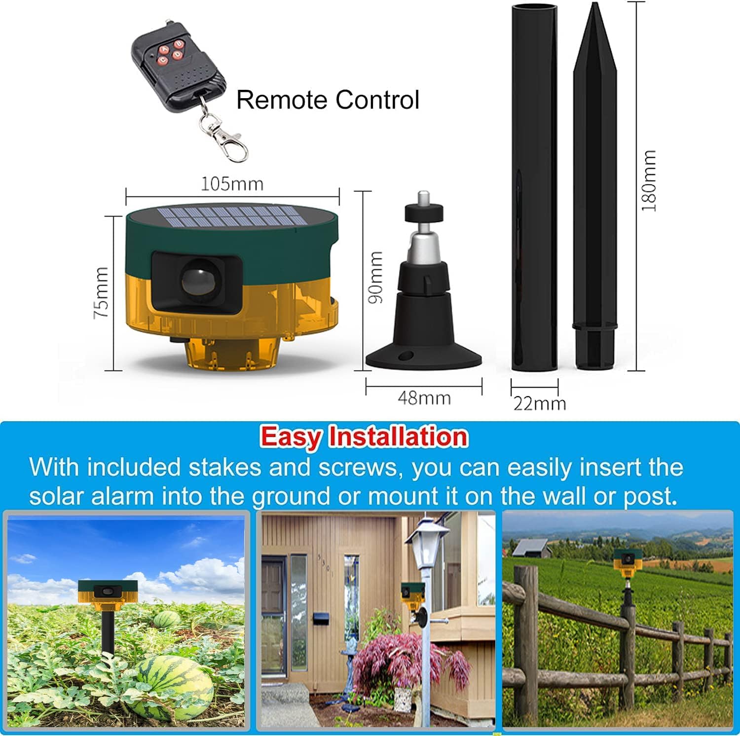 Dissuasore solare per predatori – Rilevatore di movimento a 360° con luce stroboscopica a LED, 13 suoni integrati, sirena potente da 129 dB per casa, fattoria (1)