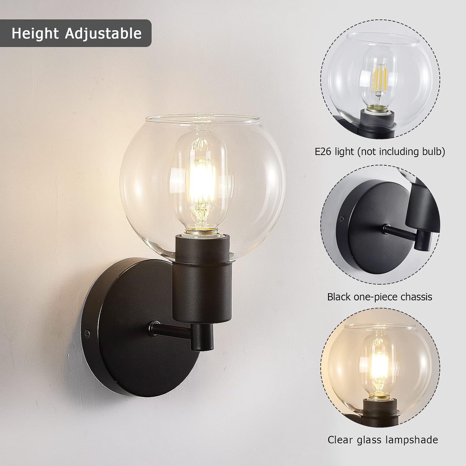 Get Popular Offer Bathroom Light Fixtures, One Light Black Vanity Light with Metal Base, Contains HD Clear Shade, Modern Wall Sconces can Be Used in Living Room/Bathroom/Kitchen/Stairs