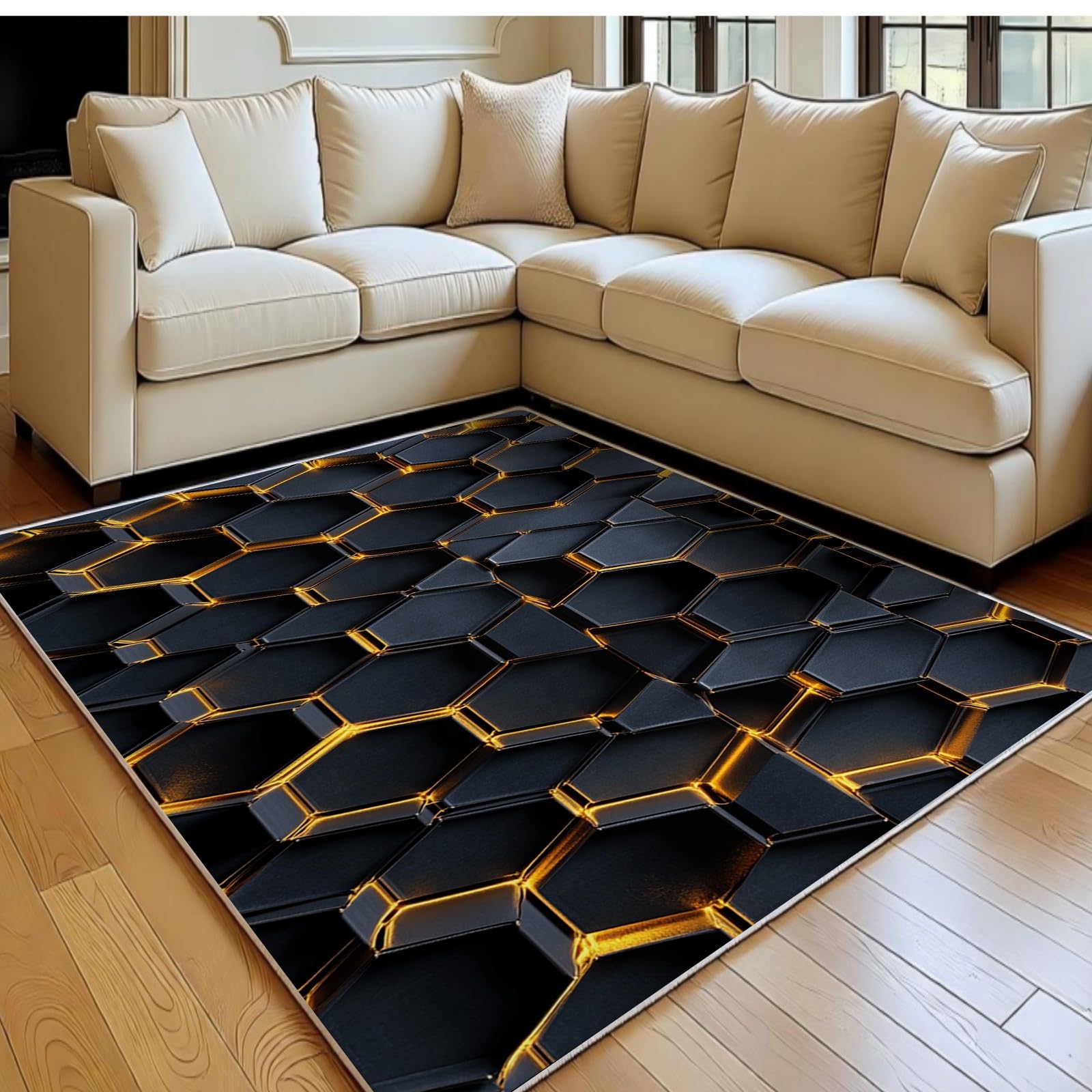 Tapis grille abstrait or 160x230 cm antidérapant fini les tapis qui glissent