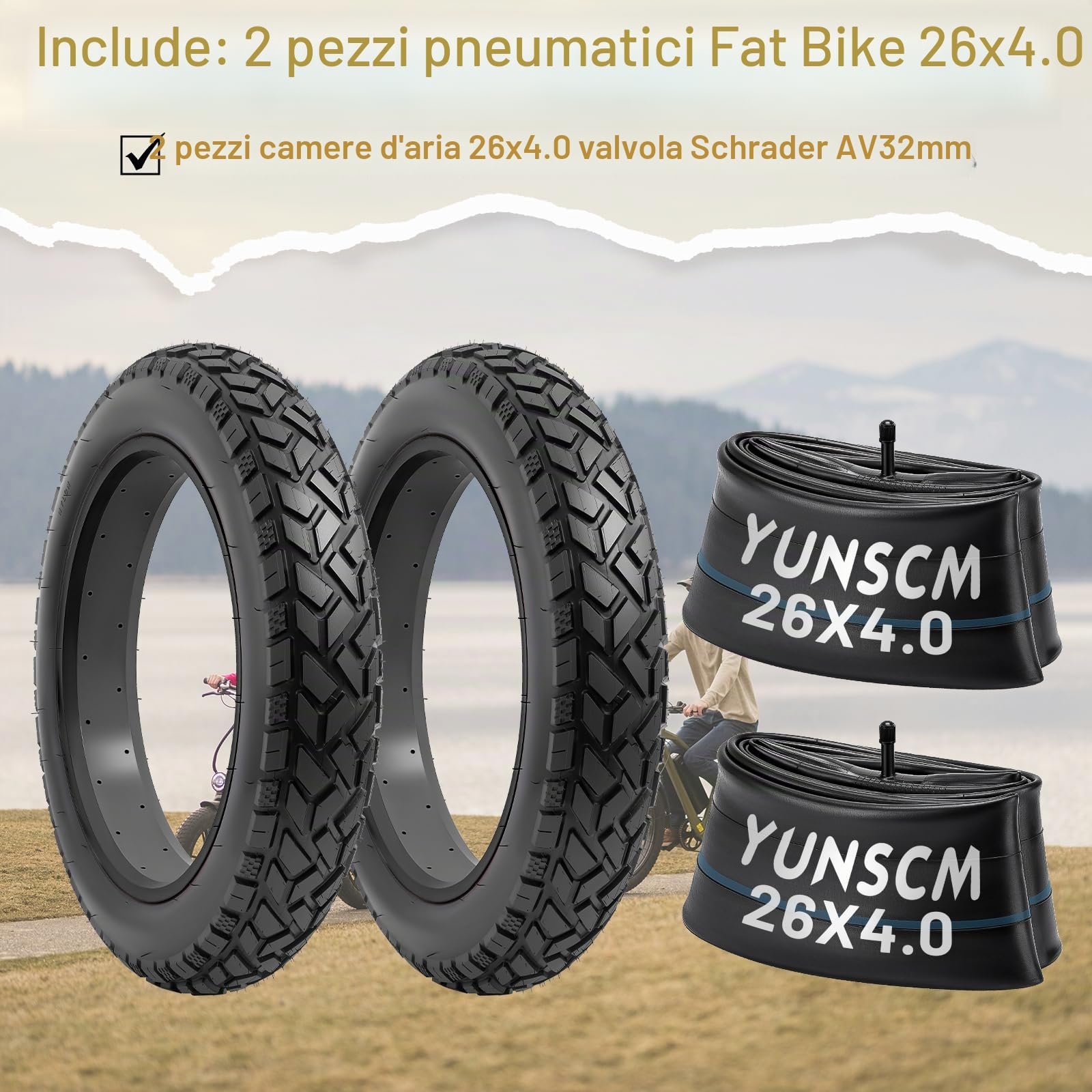 YunSCM 2Pci Heavy Duty Copertoni 26 pollici 4.0 Pneumatici 102-559 Plus 2Pci Camera d'aria AV32mm Valve pollice compatibile biciclette elettriche, biciclette da neve