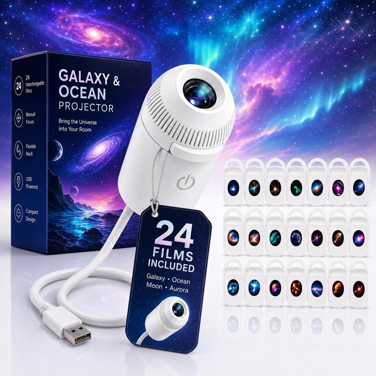 Night Light Projector, 24 Interchangeable Projection Films, USB Powered