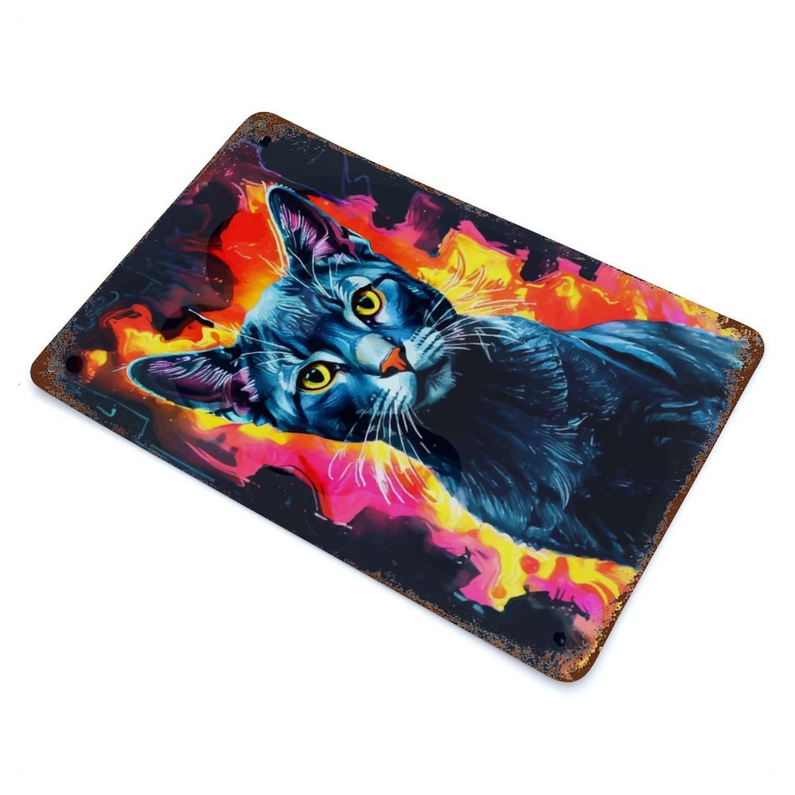 Russian Blue Cat in Flames Rust Effect Tin Sign 11.8"x7.9", Novelty Wall Decor for Garage, Pub Or Kitchen