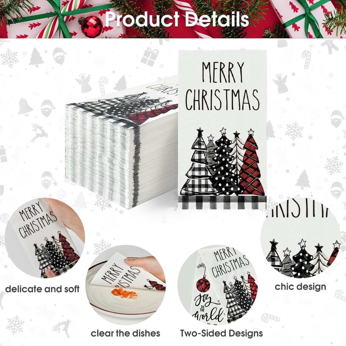 Horaldaily 200 Christmas Disposable Paper Decorative Guest Napkins, Xmas Tree Buffalo Plaid for Party Lunch Dinner Kitchen Bathroom