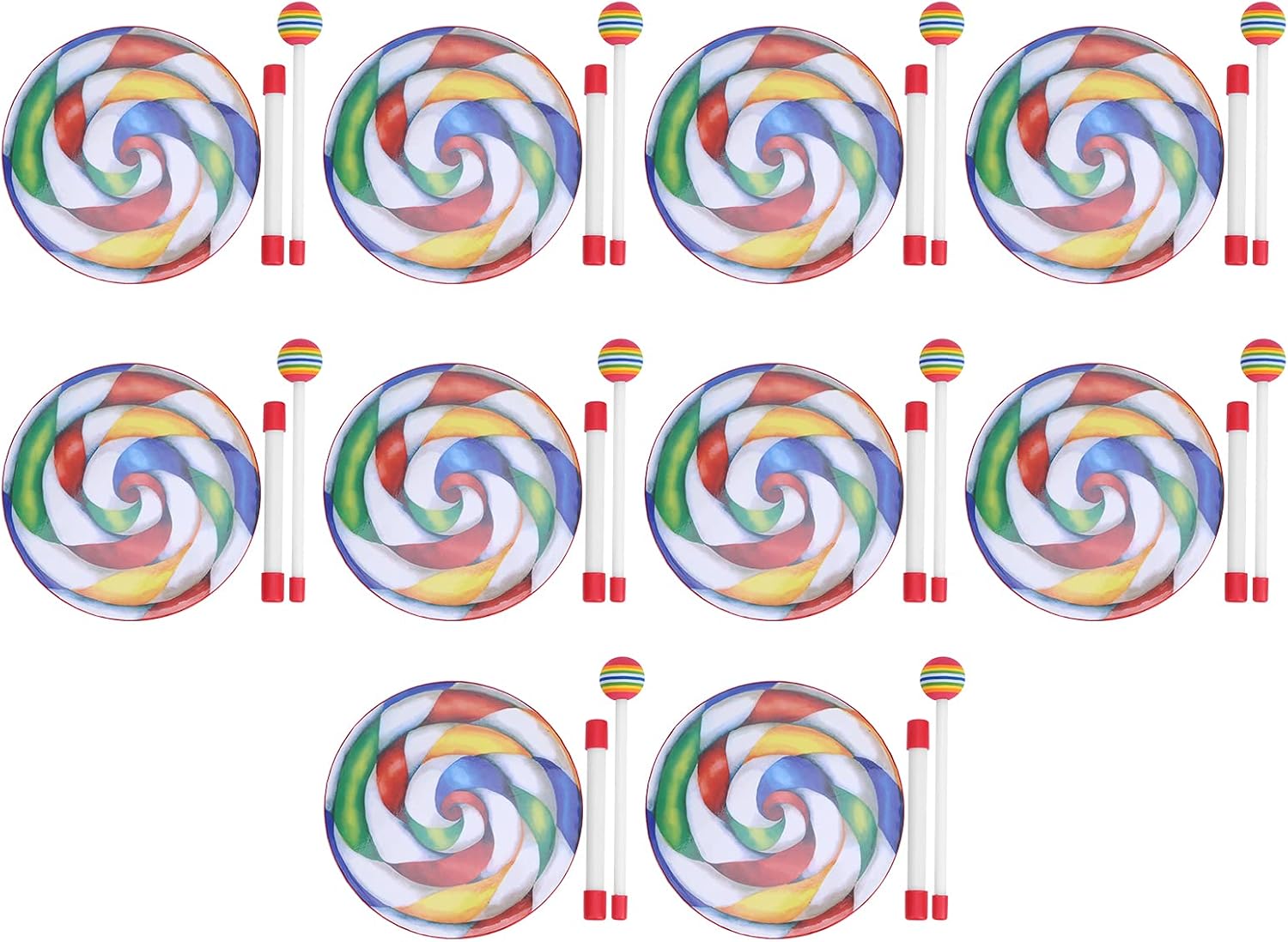 10Pcs Lollipop Shape Drum, Colorful Tambourine Set with Plastic Mallets for Kids, Early Childhood Education Music Rhythm Instrument