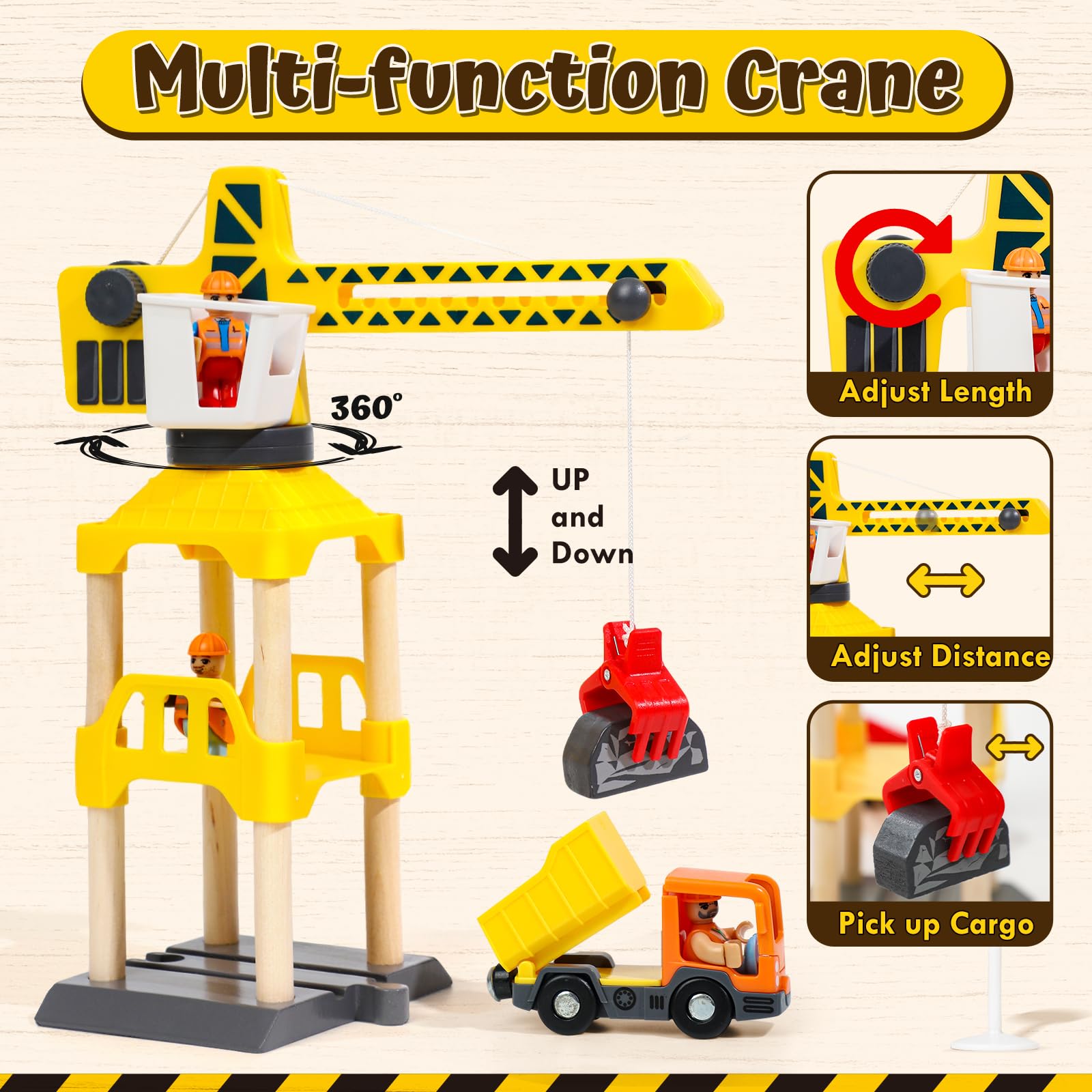 Lehoo Castle 68PCS Wooden Train Set - Toy Train Set for Toddlers 2-4, Wooden Train Track for Kids w/Crane, Railway Playset for 3 Year Old Boys Girls Birthday Gift - 5